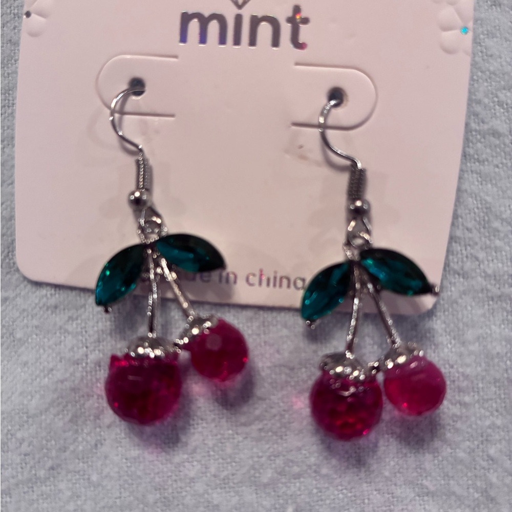 Mint Cherry Dangle Earrings - Picture 2 of 3